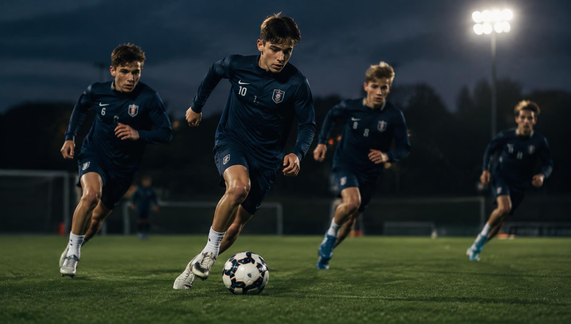 Youth players sprinting with the ball during an evening training session under floodlights